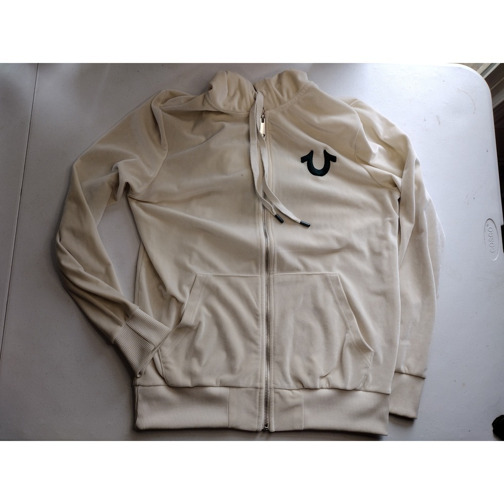 True Religion World Tour Velour Zip Up Hoodie Cream‎ Buddha Logo Small